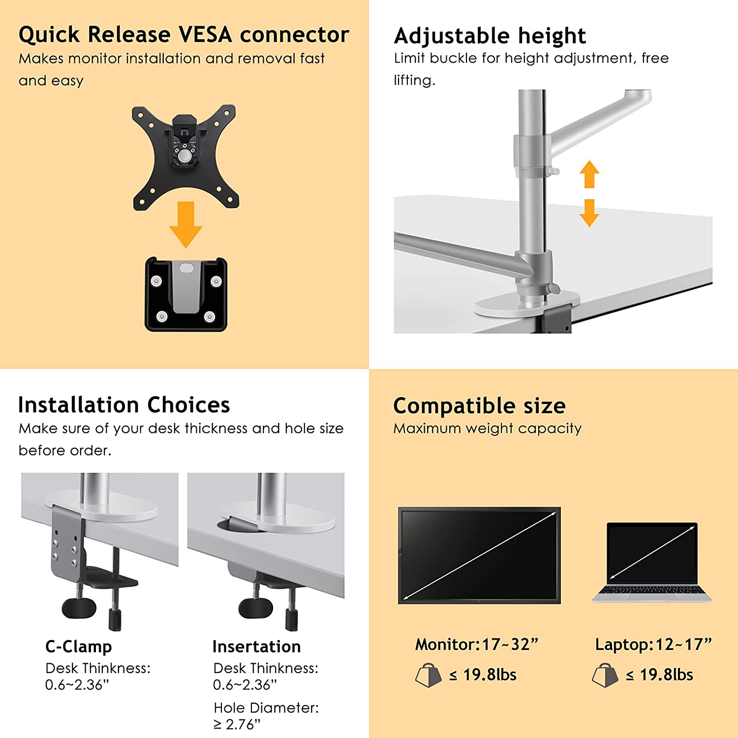 DL Monitor And Laptop Silver Mount 2-in-1 Adjustable Dual Arm Desk Mounts For 17 To 32 Inch LCD Screens Extra Tray Fits 12 To 17 Inch Laptops
