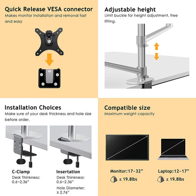 DL Monitor And Laptop Silver Mount 2-in-1 Adjustable Dual Arm Desk Mounts For 17 To 32 Inch LCD Screens Extra Tray Fits 12 To 17 Inch Laptops