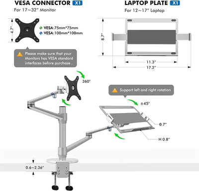 DL Monitor And Laptop Silver Mount 2-in-1 Adjustable Dual Arm Desk Mounts For 17 To 32 Inch LCD Screens Extra Tray Fits 12 To 17 Inch Laptops