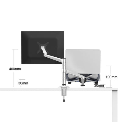 DL Monitor And Laptop Silver Mount 2-in-1 Adjustable Dual Arm Desk Mounts For 17 To 32 Inch LCD Screens Extra Tray Fits 12 To 17 Inch Laptops