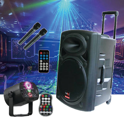 15″ Inch Portable Speaker Laser Light Party Set W/ Battery Bluetooth Sound System 2 Mics Disco Light