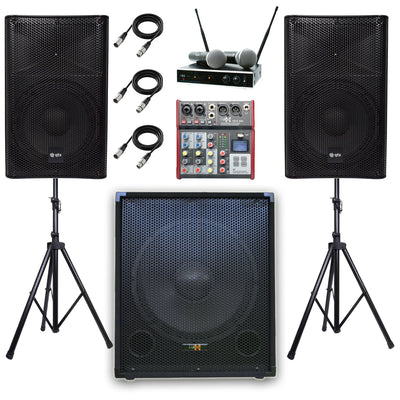 QTX Quest 12PAM 2040W 2.1 Professional PA System Bundle | 15" Active Subwoofer, Mixer, Stands & Pro Vocal Microphone