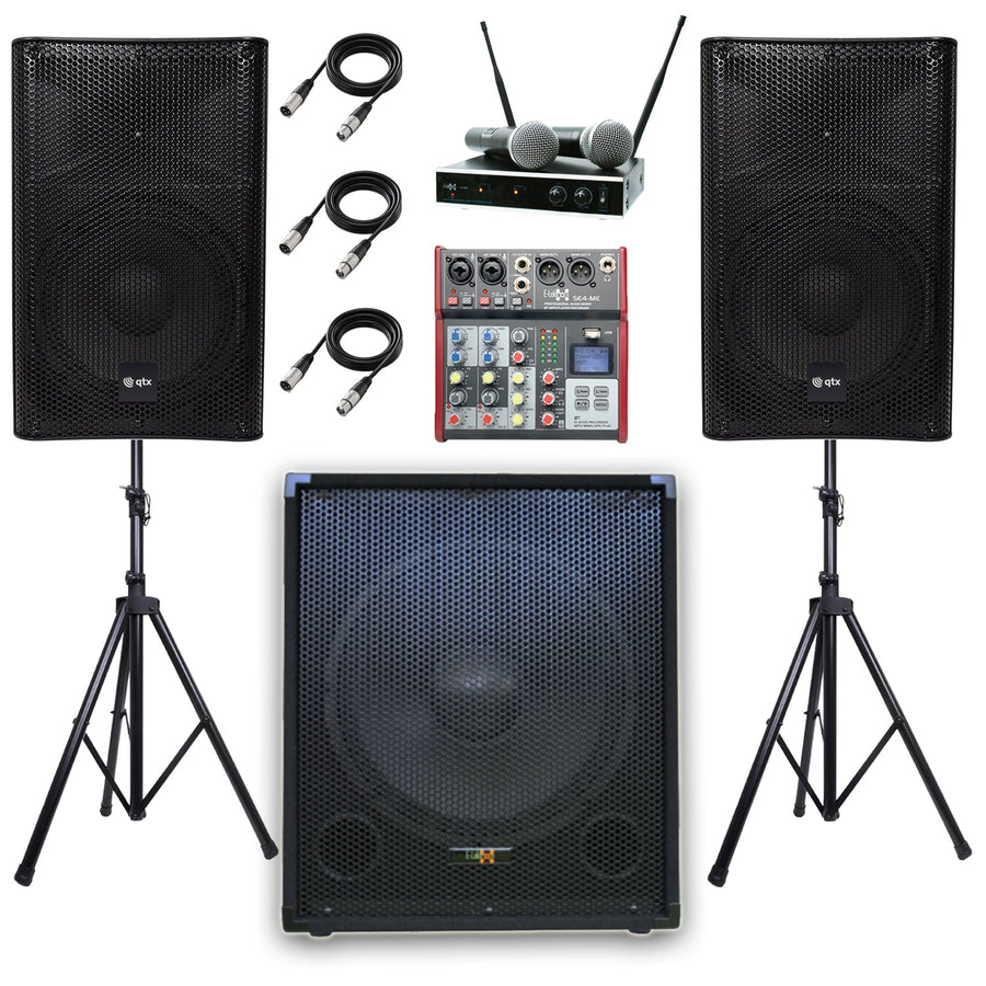 QTX Quest 12PAM 2040W 2.1 Professional PA System Bundle | 15" Active Subwoofer, Mixer, Stands & Pro Vocal Microphone