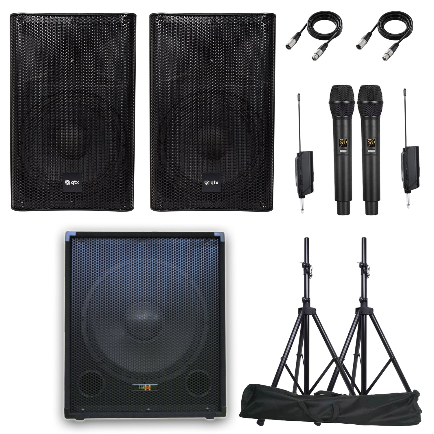 QTX Penta Q128 2440W Bluetooth Vocal Sound System with Linkable Microphones, Stands