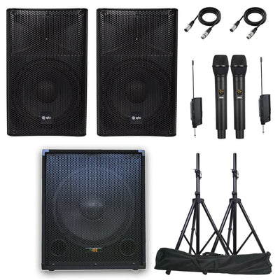 QTX Penta Q128 2440W Bluetooth Vocal Sound System with Linkable Microphones, Stands