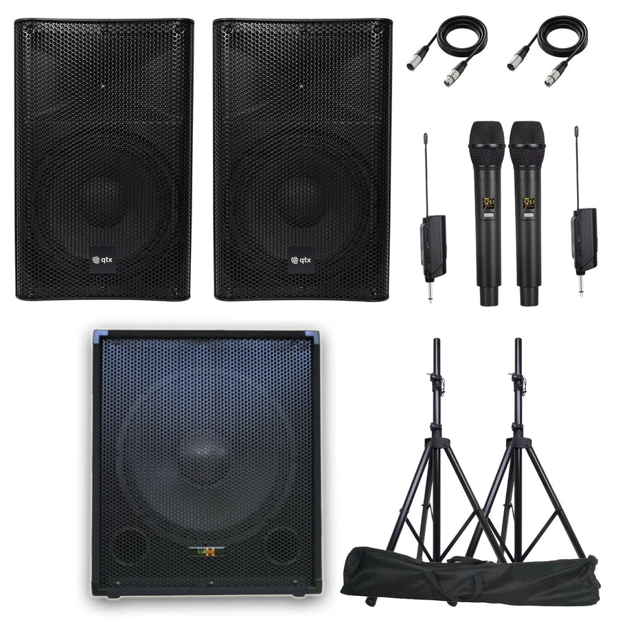 QTX Penta Q128 2440W Bluetooth Vocal Sound System with Linkable Microphones, Stands
