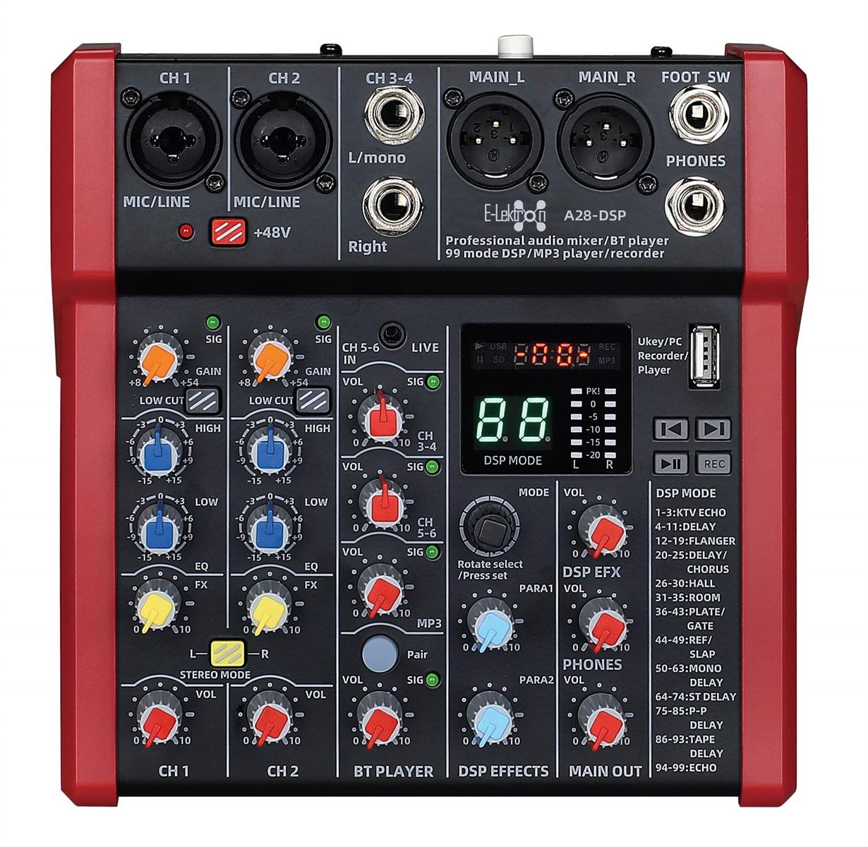 DSP FX Studio Audio Mixer 6-Channel with Bluetooth USB Play Audio interface A28