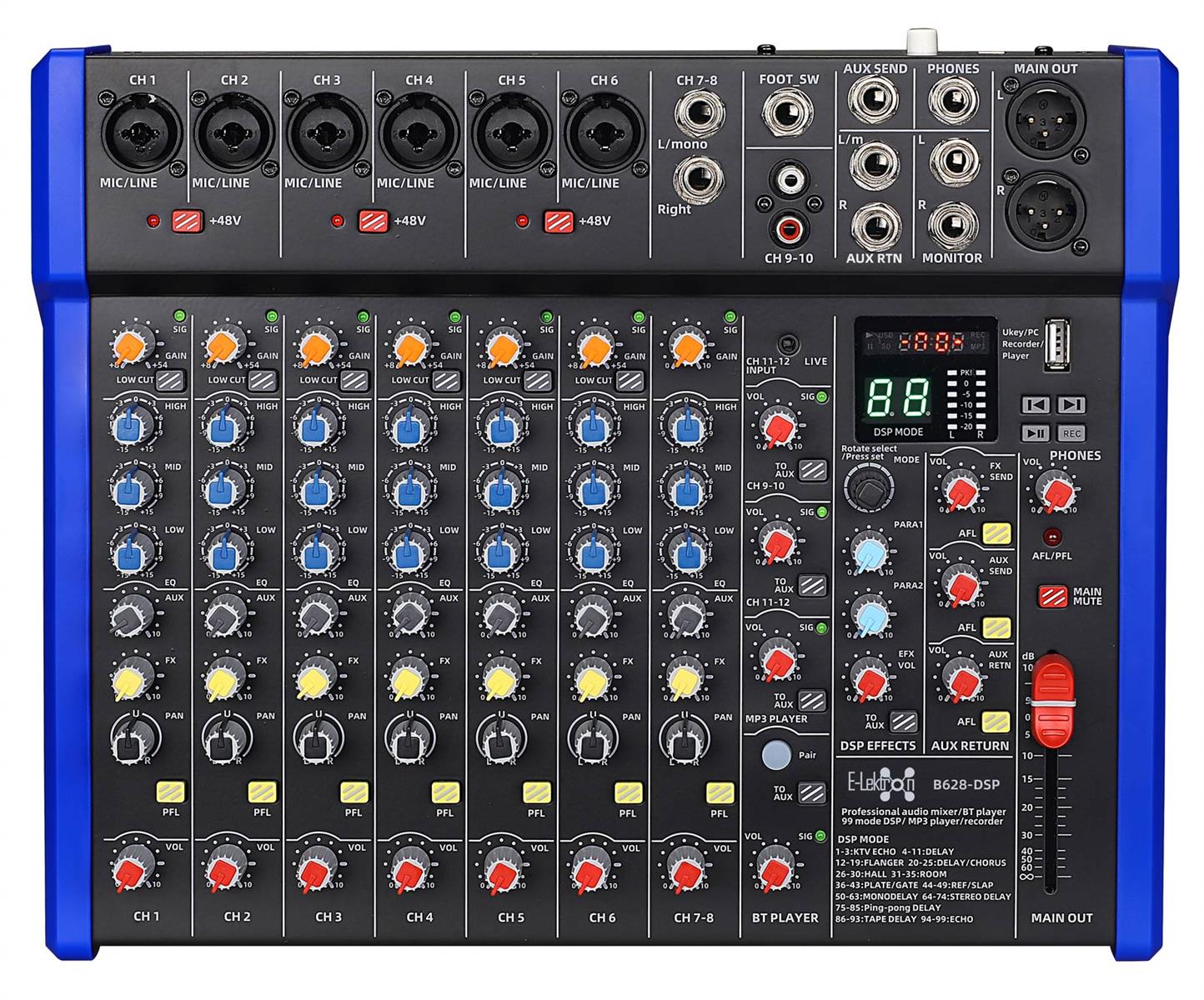B628 DSP effects Studio Audio Mixer 12-Channel with Bluetooth USB Play Audio interface