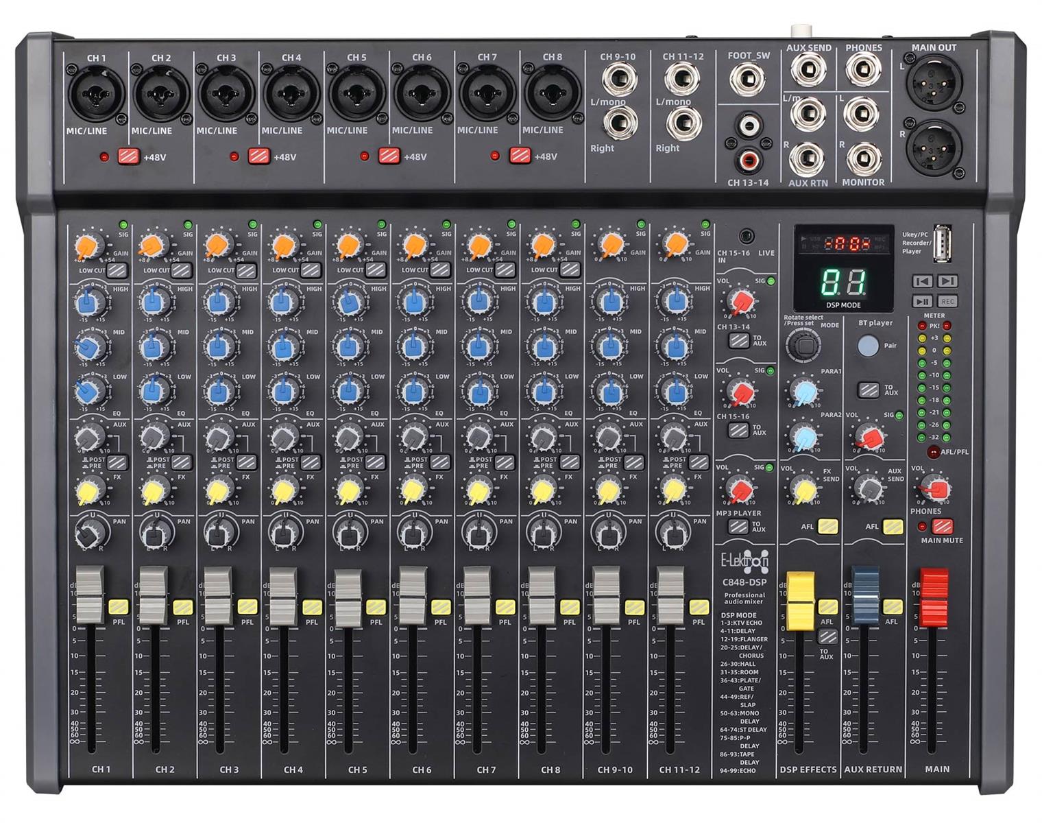 Studio Audio Mixer 16-Channel with Bluetooth USB Play Audio interface DSP effects C848