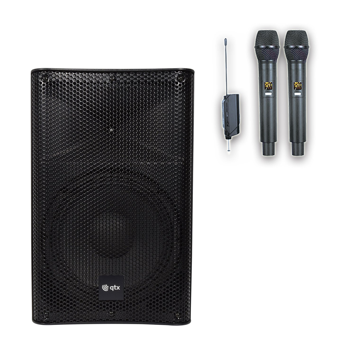 QTX Quest QKS12 Speaker Bluetooth Active Loud Sound System PA with 2 Tunable UHF Microphones