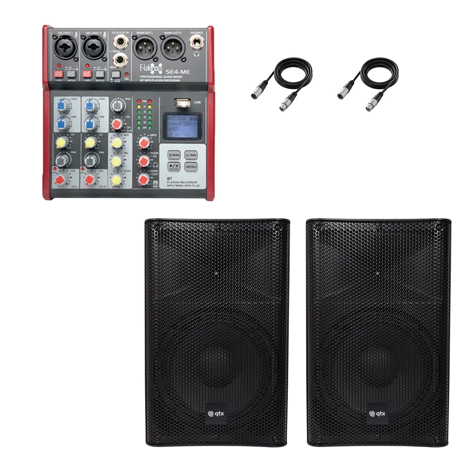 QTX Quest 10QMS 1200W Active PA Speaker Stereo Pair Bundle | Bluetooth 4-Channel Audio Mixer & 2x XLR Cables
