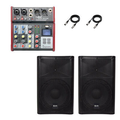 QTX Quest 10QMS 1200W Active PA Speaker Stereo Pair Bundle | Bluetooth 4-Channel Audio Mixer & 2x XLR Cables