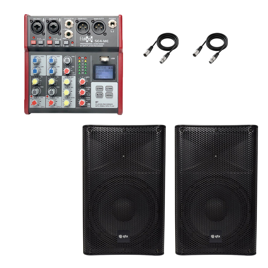 QTX Quest 15QMS 1760W Active PA Speaker Stereo Pair Bundle | Bluetooth 4-Channel Audio Mixer & 2x XLR Cables