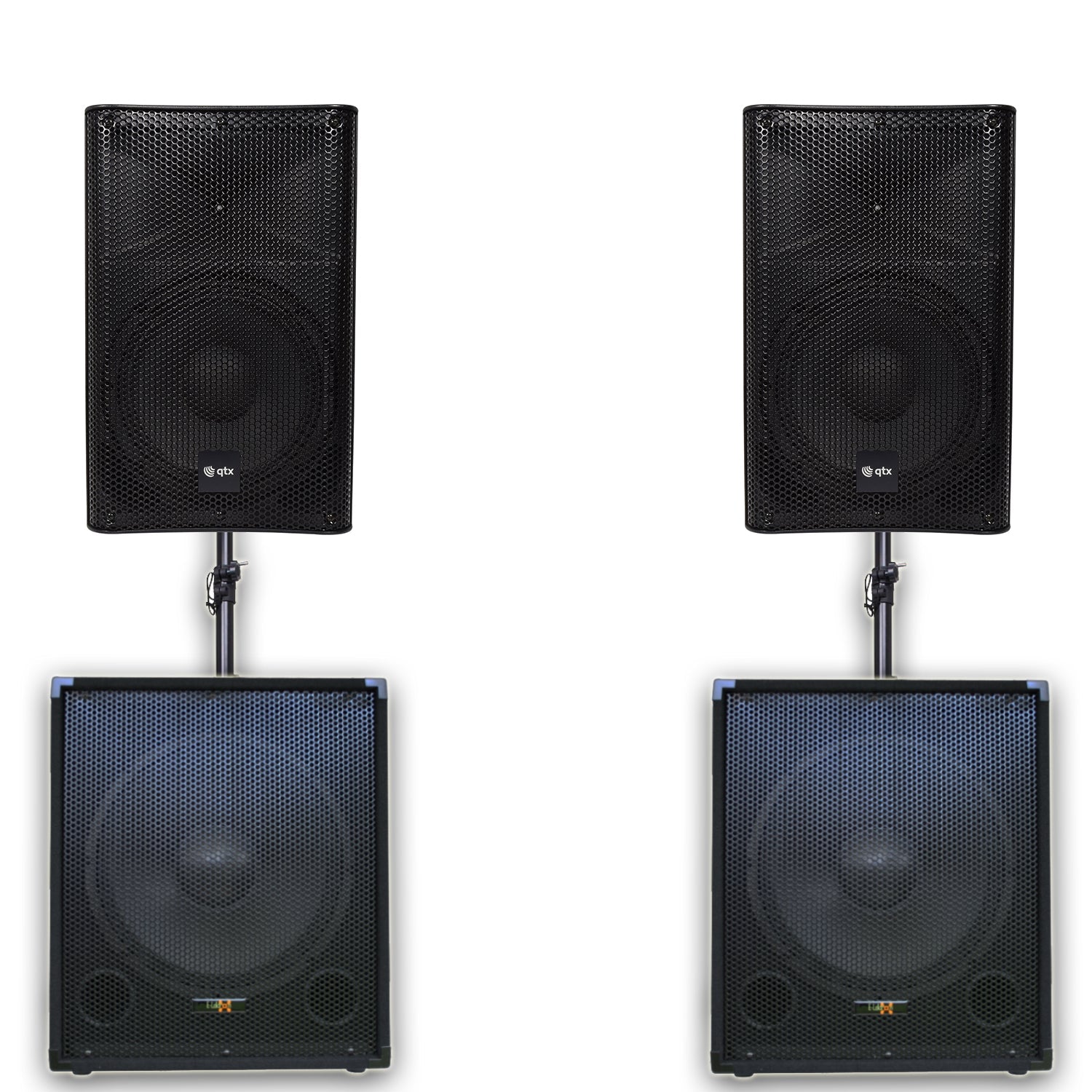 QTX Quad 555 2960W Active 2.2 PA System Bundle|15" Subwoofers + 15" PA Speakers & Poles