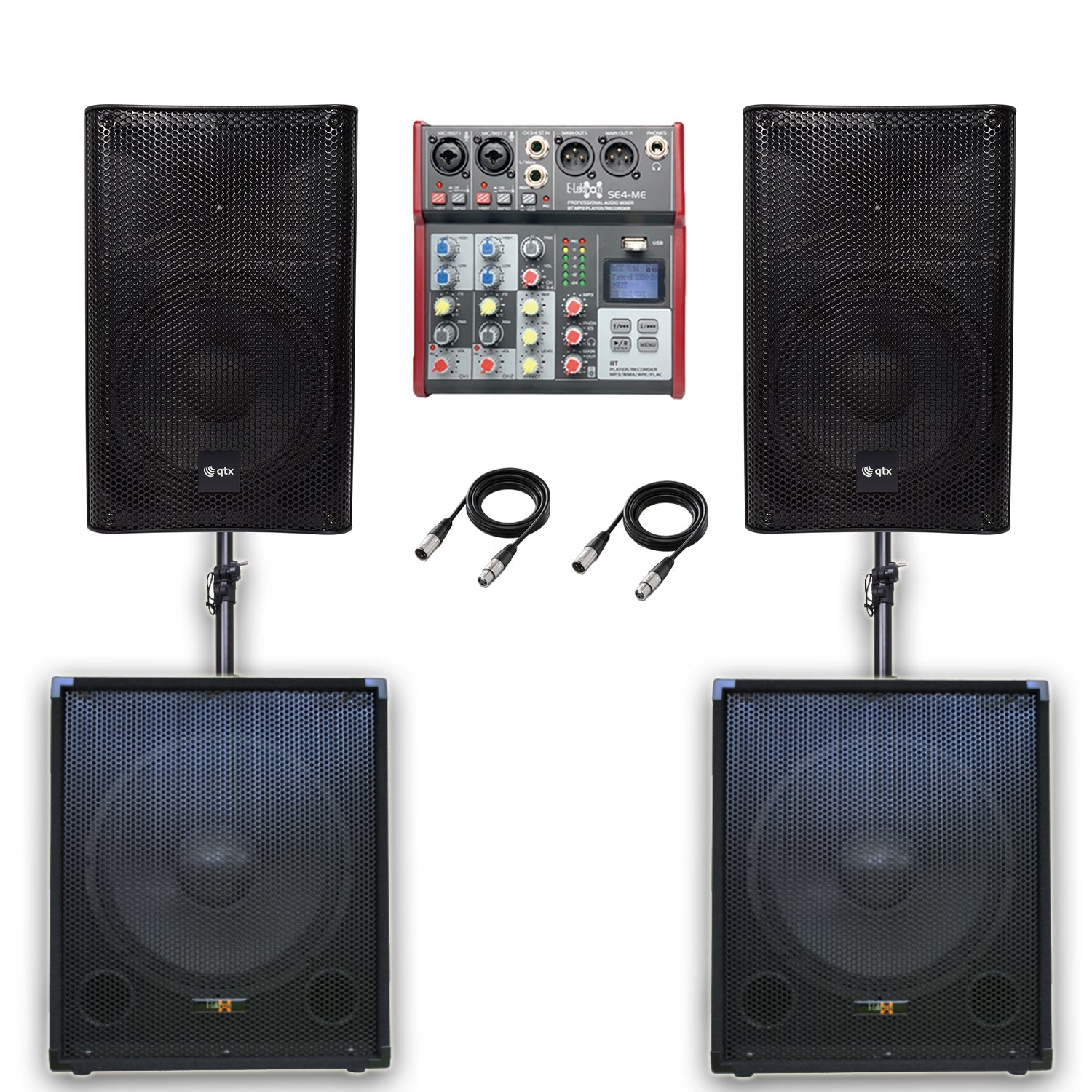 QTX Quadmix 555 2960W Active 2.2 PA System Bundle| Dual 15“ Sub, 15”Top, Mixer, Poles