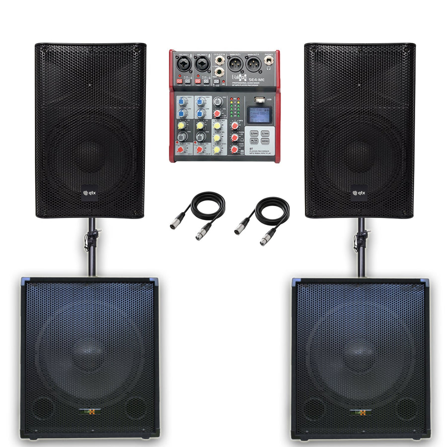 QTX Quadmix 885 3760W Active 2.2 PA System Bundle| Dual 18" Sub, 15" Top, Mixer, Poles