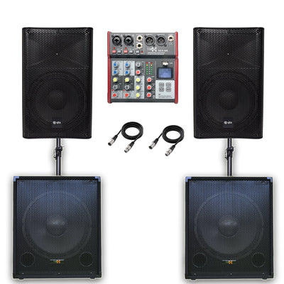 QTX Quadmix 552 2640W Active 2.2 PA System Bundle| Dual 15“ Sub, 12”Top, Mixer, Poles