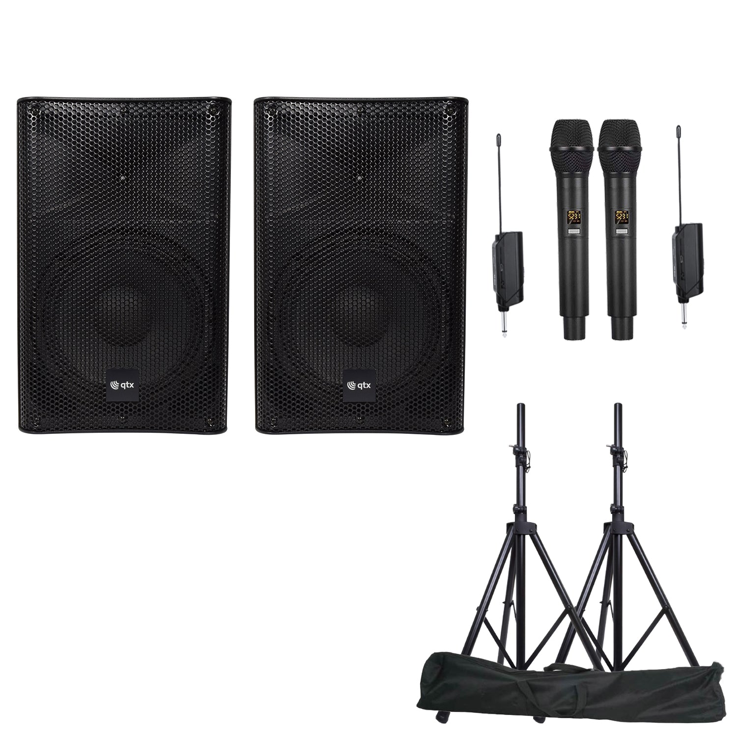 QTX Quest-QUS15 2X15" inch Karaoke Set 1760W Powered Bluetooth TWS Speakers 2 UHF Microphones Stands