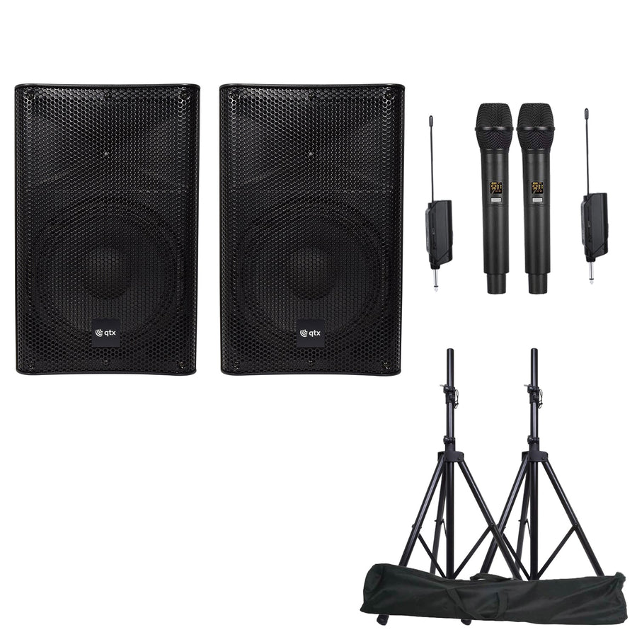 QTX Quest-QUS15 2X15" inch Karaoke Set 1760W Powered Bluetooth TWS Speakers 2 UHF Microphones Stands
