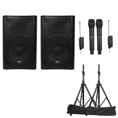 QTX Quest-QUS10 2X10" inch Karaoke Set 1200W Powered Bluetooth TWS Speakers 2 UHF Microphones Stands