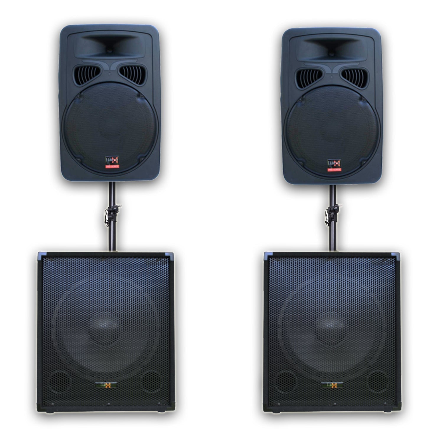 2800w Speaker Sound System - 2x 12" Active PA Speakers + 2x 15" Active Subwoofers + UHF Wireless Mics + Poles
