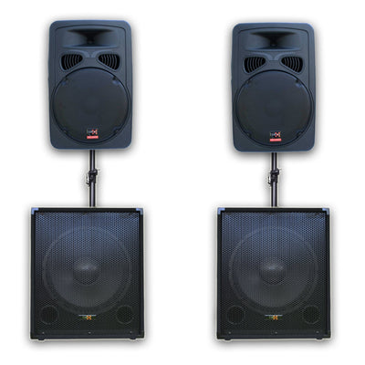 2800w Pro Audio Set with 2x12" Inch Active Speakers + 2x15" Subwoofer and Stand for Event DJ Party Disco Night