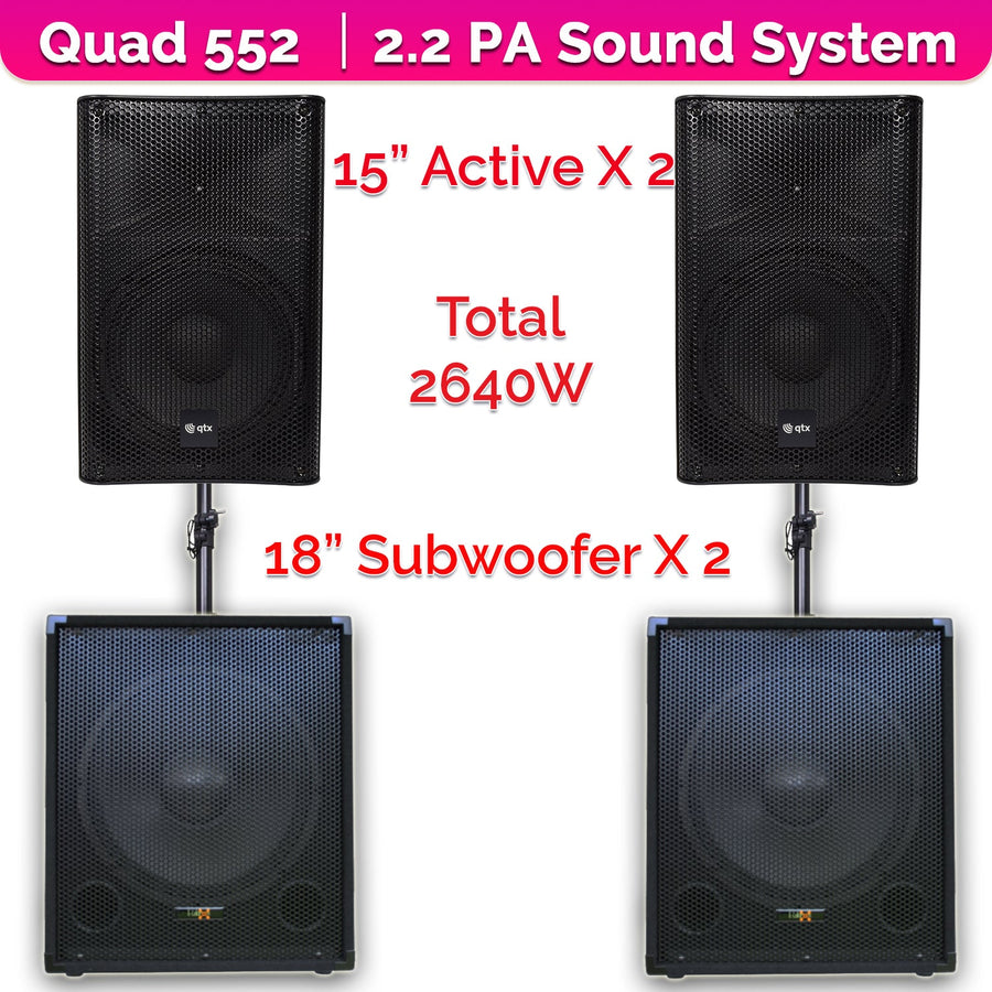 QTX Quad 552 2640W Active 2.2 PA System Bundle|15" Subwoofers + 12" PA Speakers & Poles