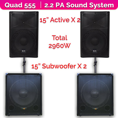 QTX Quad 555 2960W Active 2.2 PA System Bundle|15" Subwoofers + 15" PA Speakers & Poles