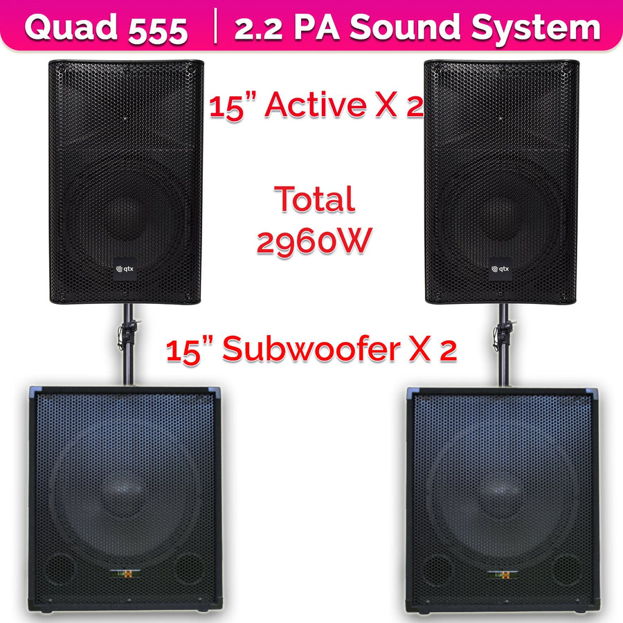 QTX Quad 555 2960W Active 2.2 PA System Bundle|15" Subwoofers + 15" PA Speakers & Poles