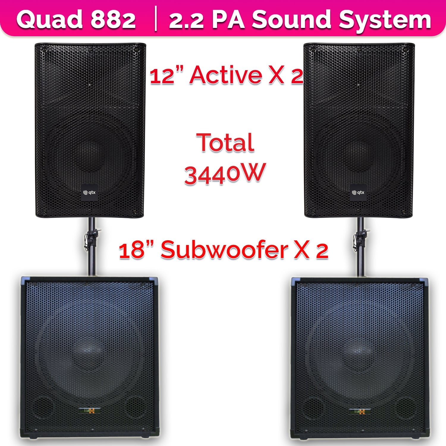 QTX Quad 882 3440W Active 2.2 PA System Bundle|18" Subwoofers + 12" PA Speakers & Poles