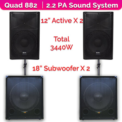 QTX Quad 882 3440W Active 2.2 PA System Bundle|18" Subwoofers + 12" PA Speakers & Poles