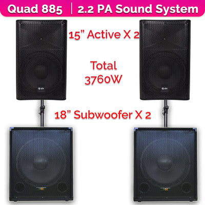 QTX Quad 885 3760W Active 2.2 PA System Bundle|18" Subwoofers + 15" PA Speakers & Poles