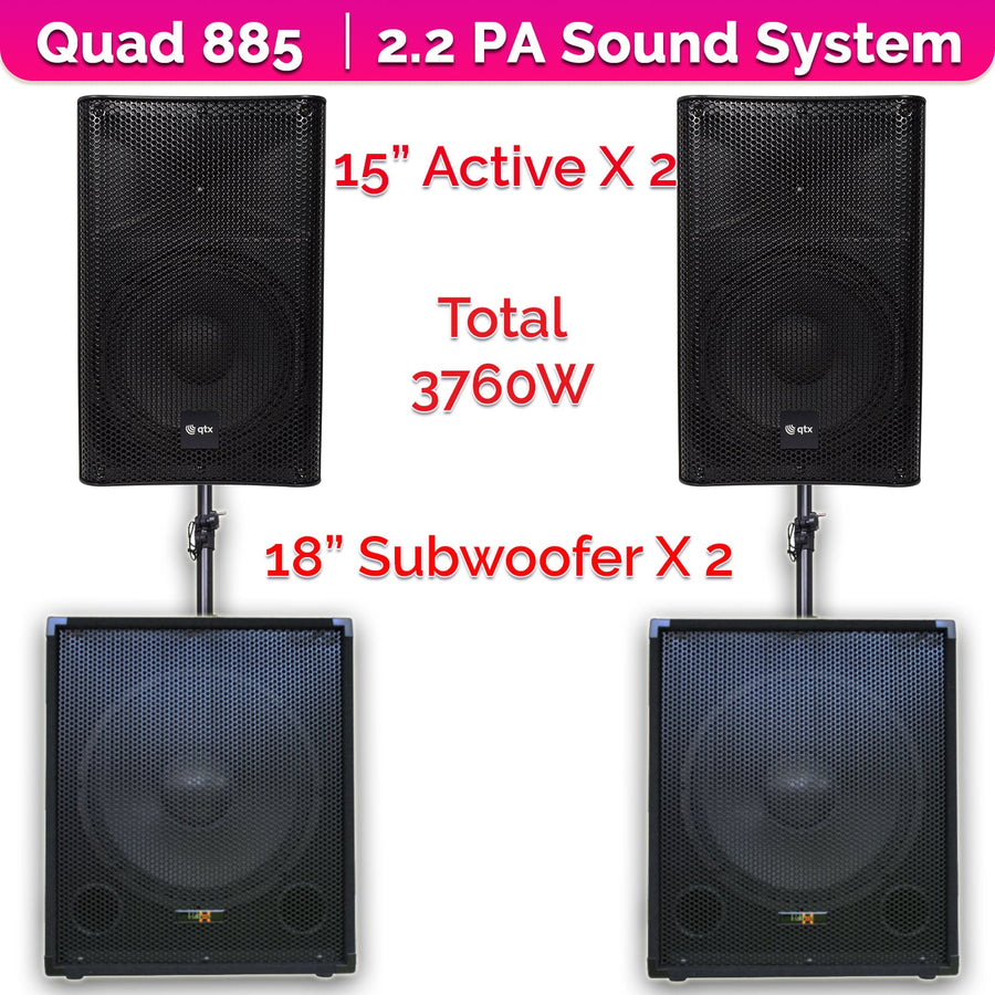 QTX Quad 885 3760W Active 2.2 PA System Bundle|18" Subwoofers + 15" PA Speakers & Poles