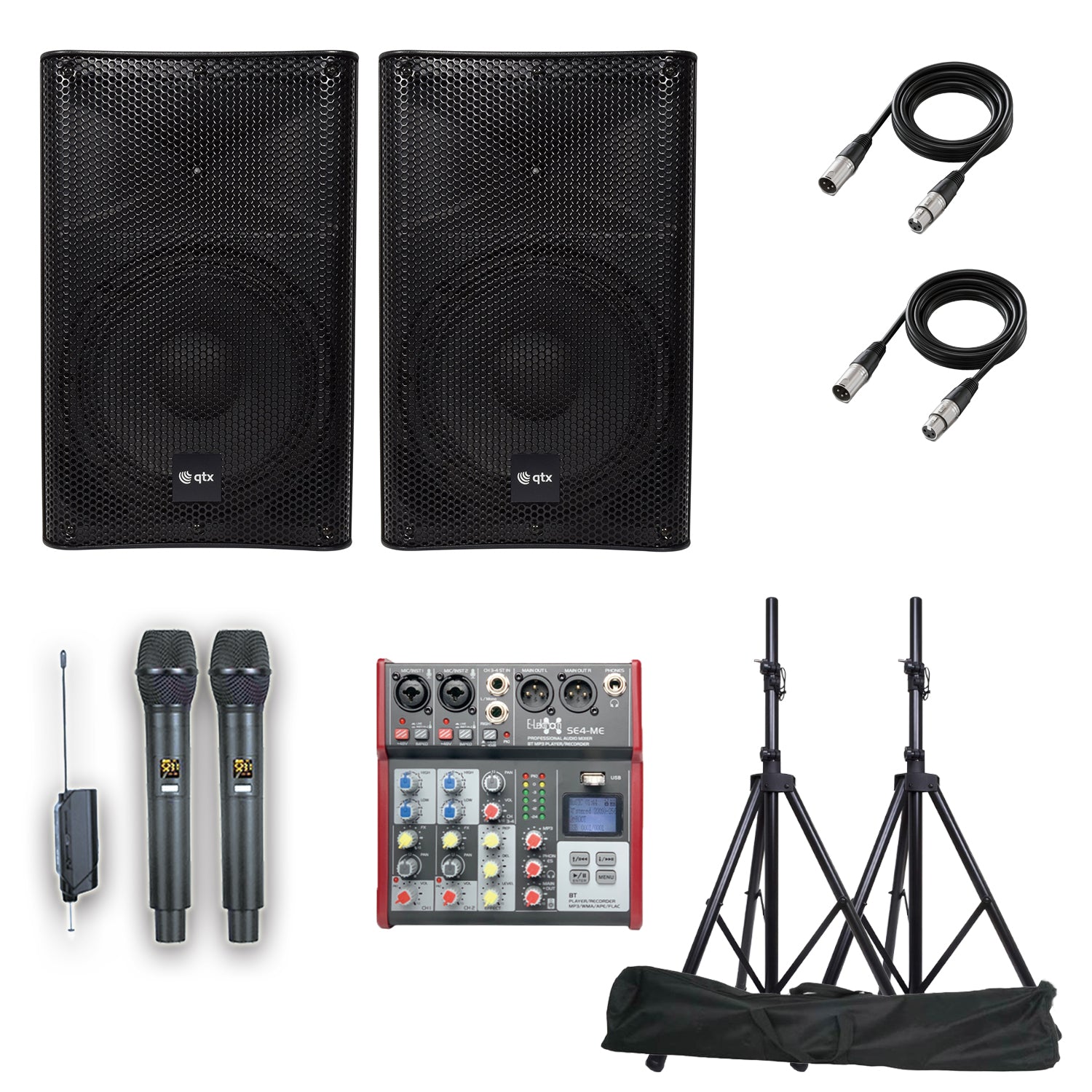 QTX Audius-12 Audio Performance package with Bluetooth PA System Audio Mixer Microphones Stands
