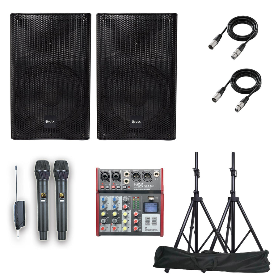 QTX Audius-12 Audio Performance package with Bluetooth PA System Audio Mixer Microphones Stands