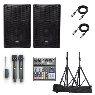 QTX Audius-12 Audio Performance package with Bluetooth PA System Audio Mixer Microphones Stands