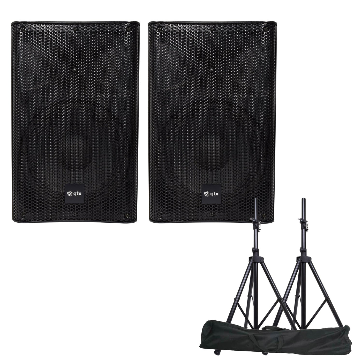 QTX Quest-15AS Powerful Active PA cabinet Bluetooth FM tuner Speakers with Stands