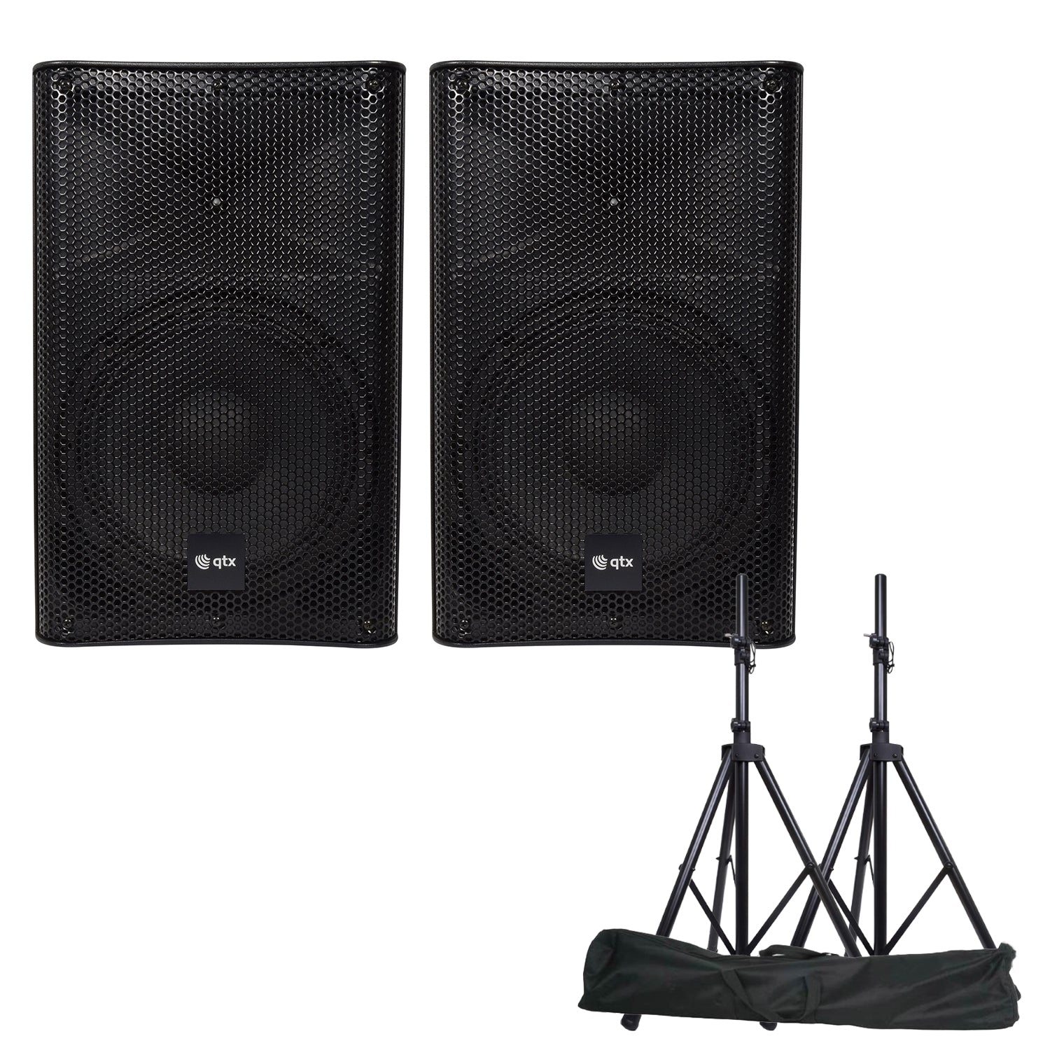 QTX Quest-12AS Powerful Active PA cabinet Bluetooth FM tuner Speakers with Stands