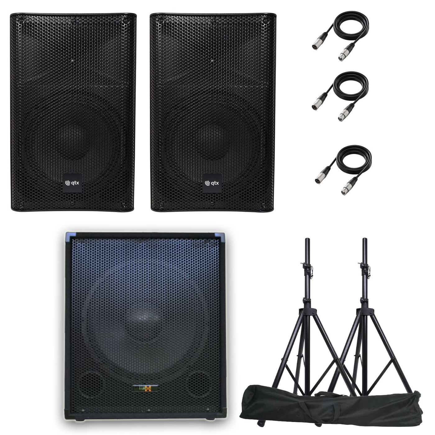 QTX Quest-10SUB Complete Active PA System Bluetooth FM tuner SD with Stands