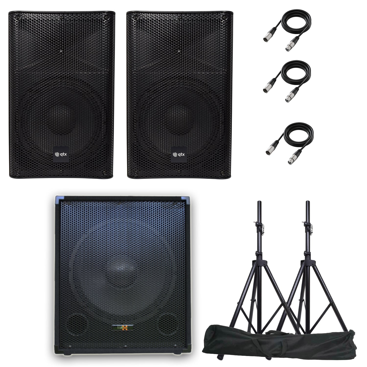 QTX Quest-15SUB Complete Active PA System Bluetooth FM tuner SD with Stands