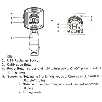 Aroma AT-105 Rechargeable Chromatic Clip On Tuner for Guitar Ukulele Violin