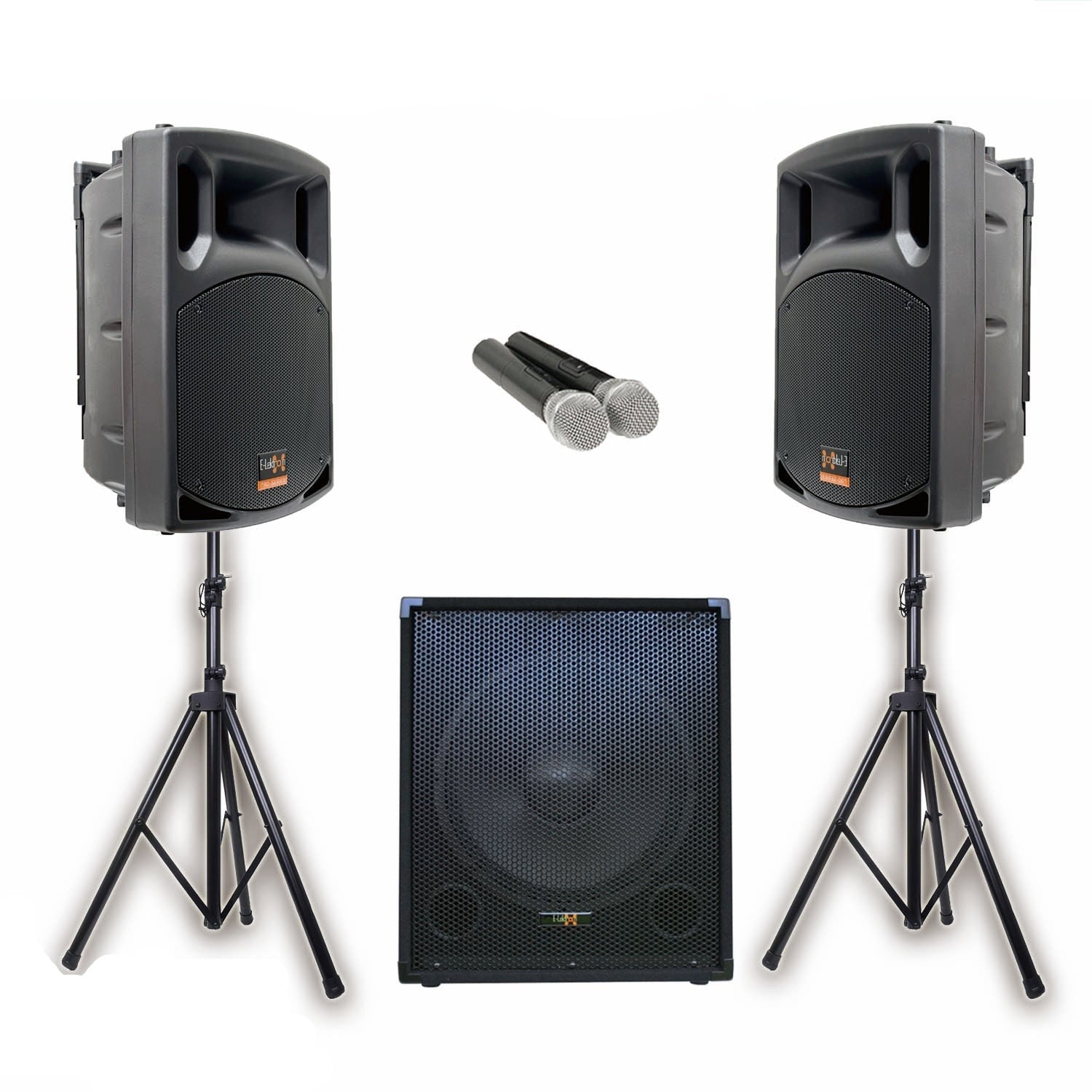 PA Package with 1x 15" Subwoofer 2x 12" Portable Speaker UHF Mics and Stands