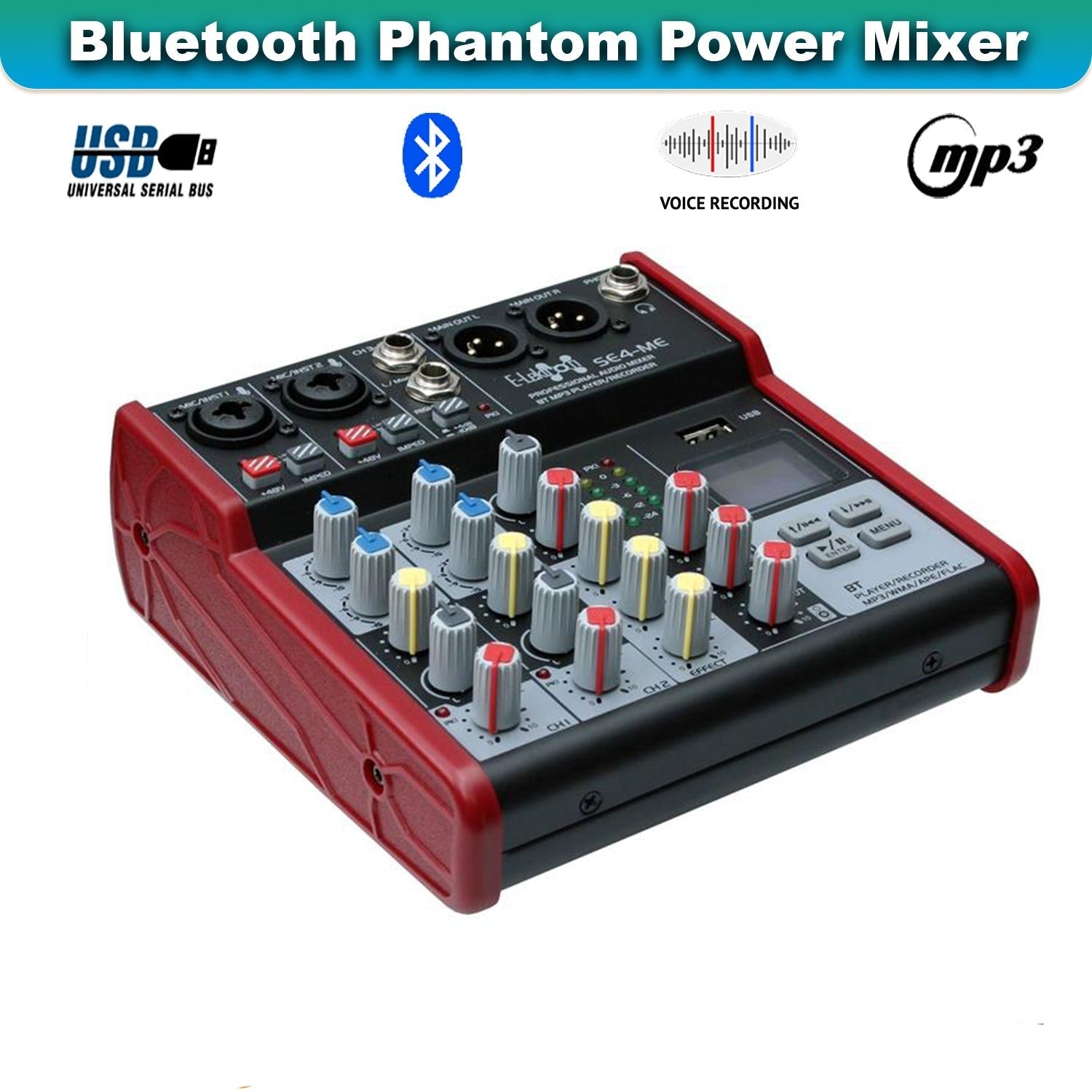 SE-4MM 4 Channel USB Bluetooth Audio Mixer Phantom Power with Condenser Mic