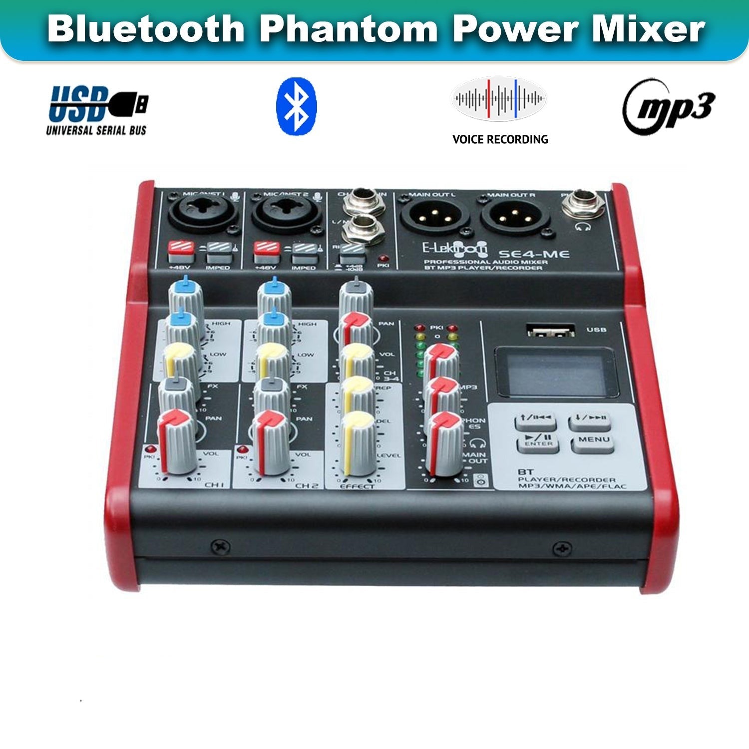 SE-4MM 4 Channel USB Bluetooth Audio Mixer Phantom Power with Condenser Mic