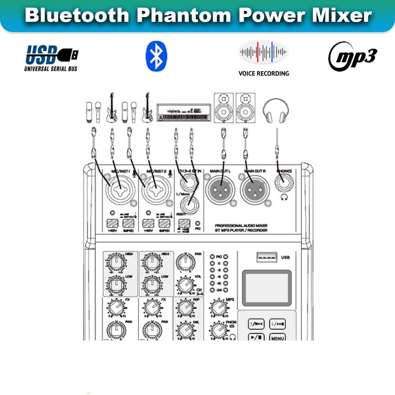 SE-4MM 4 Channel USB Bluetooth Audio Mixer Phantom Power with Condenser Mic