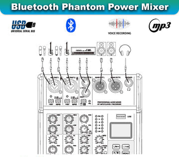 6 Channel Audio Mixer incl. USB Bluetooth Soundcard Phantom Power