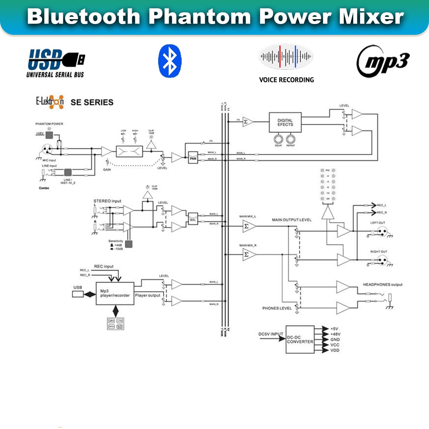 SE-4MM 4 Channel USB Bluetooth Audio Mixer Phantom Power with Condenser Mic