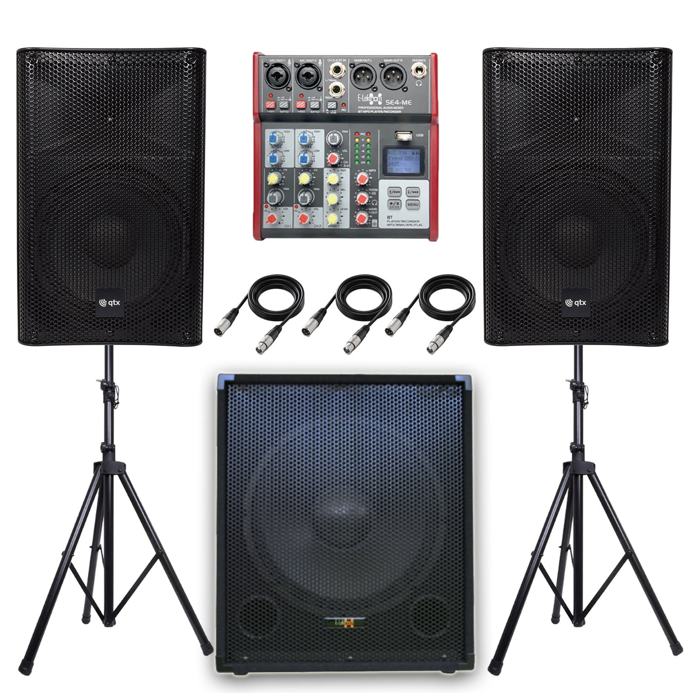 QTX Quest 12SSA 2040W 2.1 Active PA System Bundle | 15" Subwoofer, Mixer, Stands & Cables