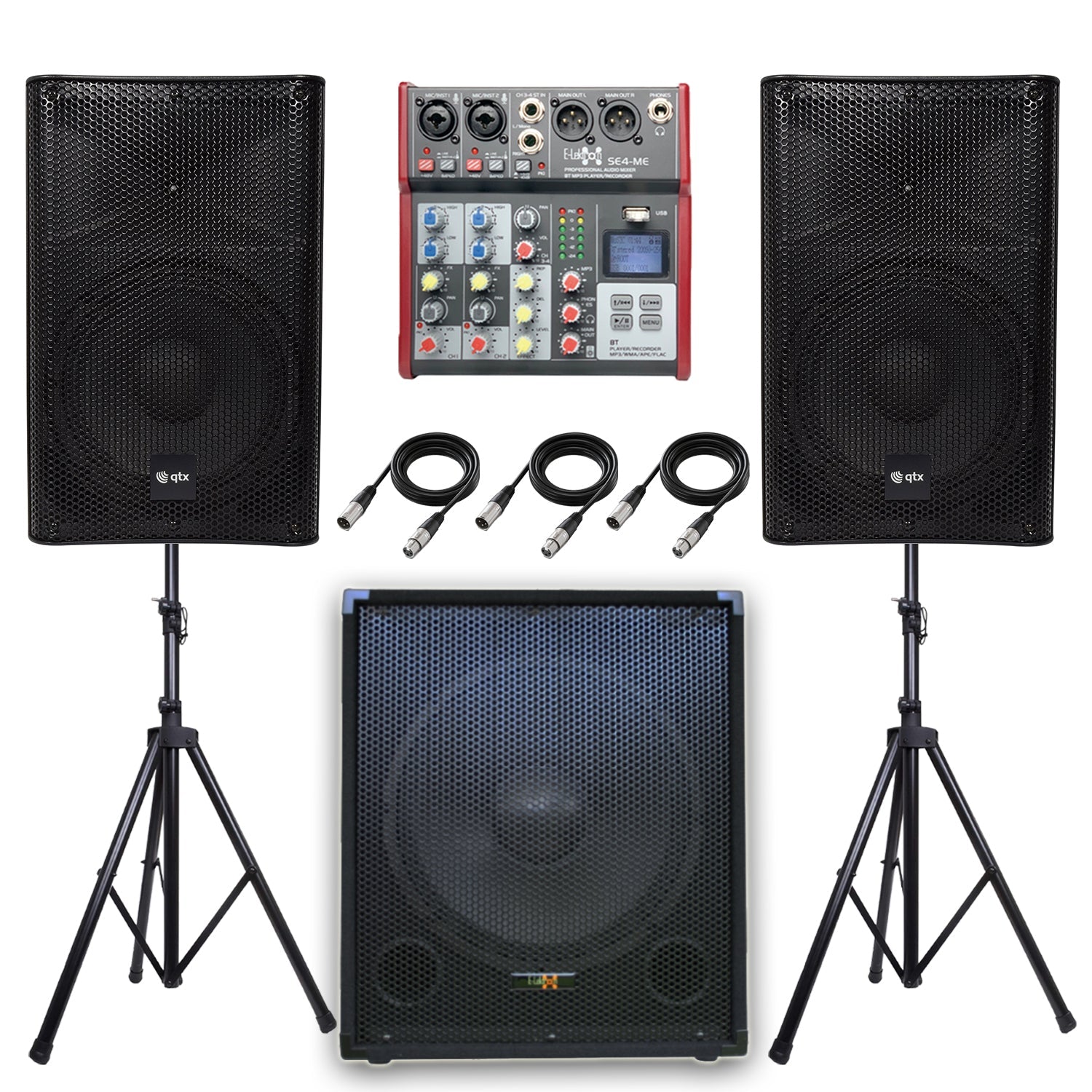 QTX Quest 10SSA 1800W 2.1 Active PA System Bundle | 15" Subwoofer, Mixer, Stands & Cables