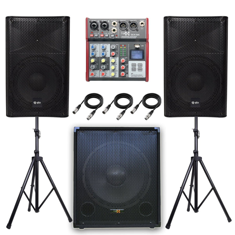 QTX Quest 10SSA 1800W 2.1 Active PA System Bundle | 15" Subwoofer, Mixer, Stands & Cables